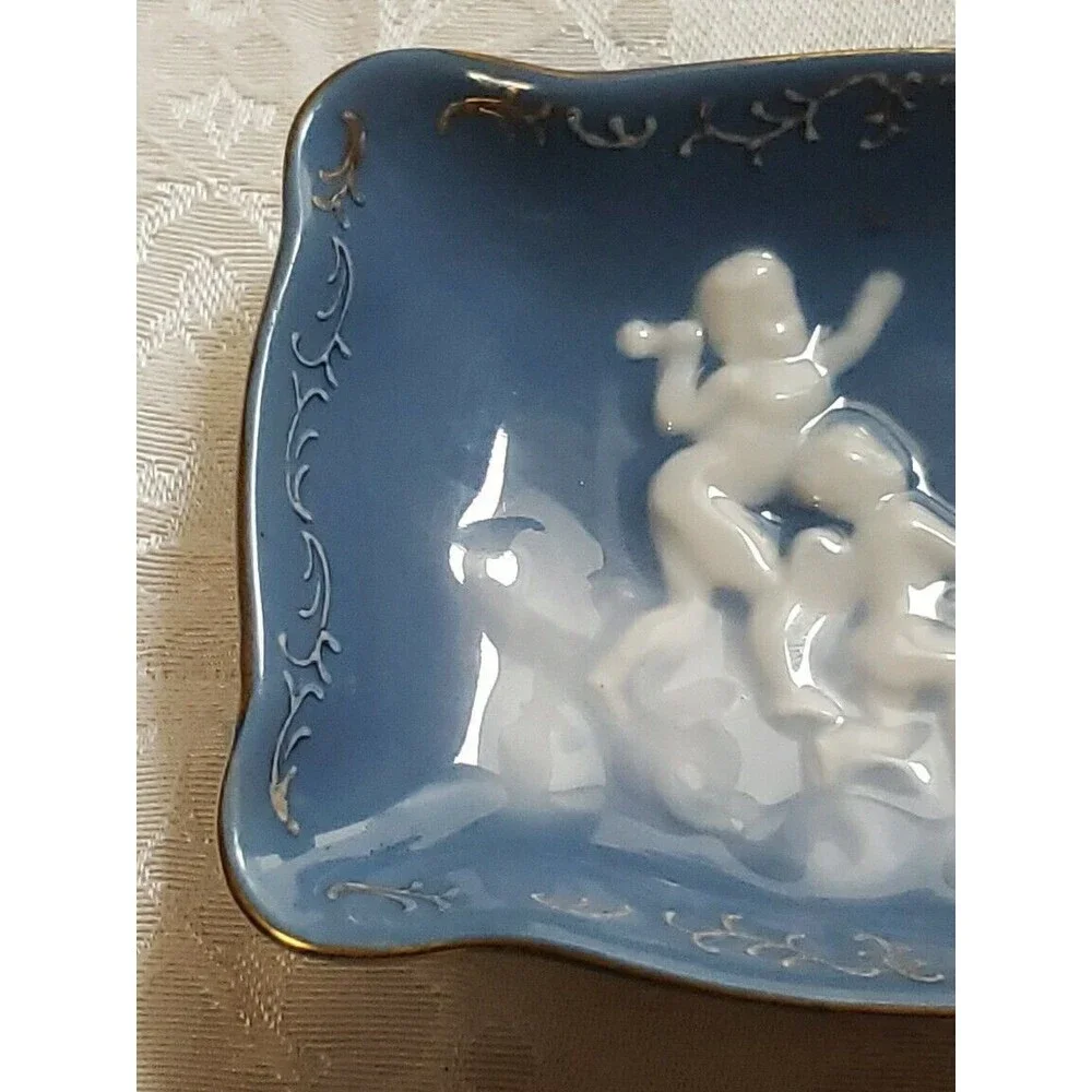 Ardalt Trinket Dish Blue White Cherubs Clouds Angels Gold Trim Japan Vintage